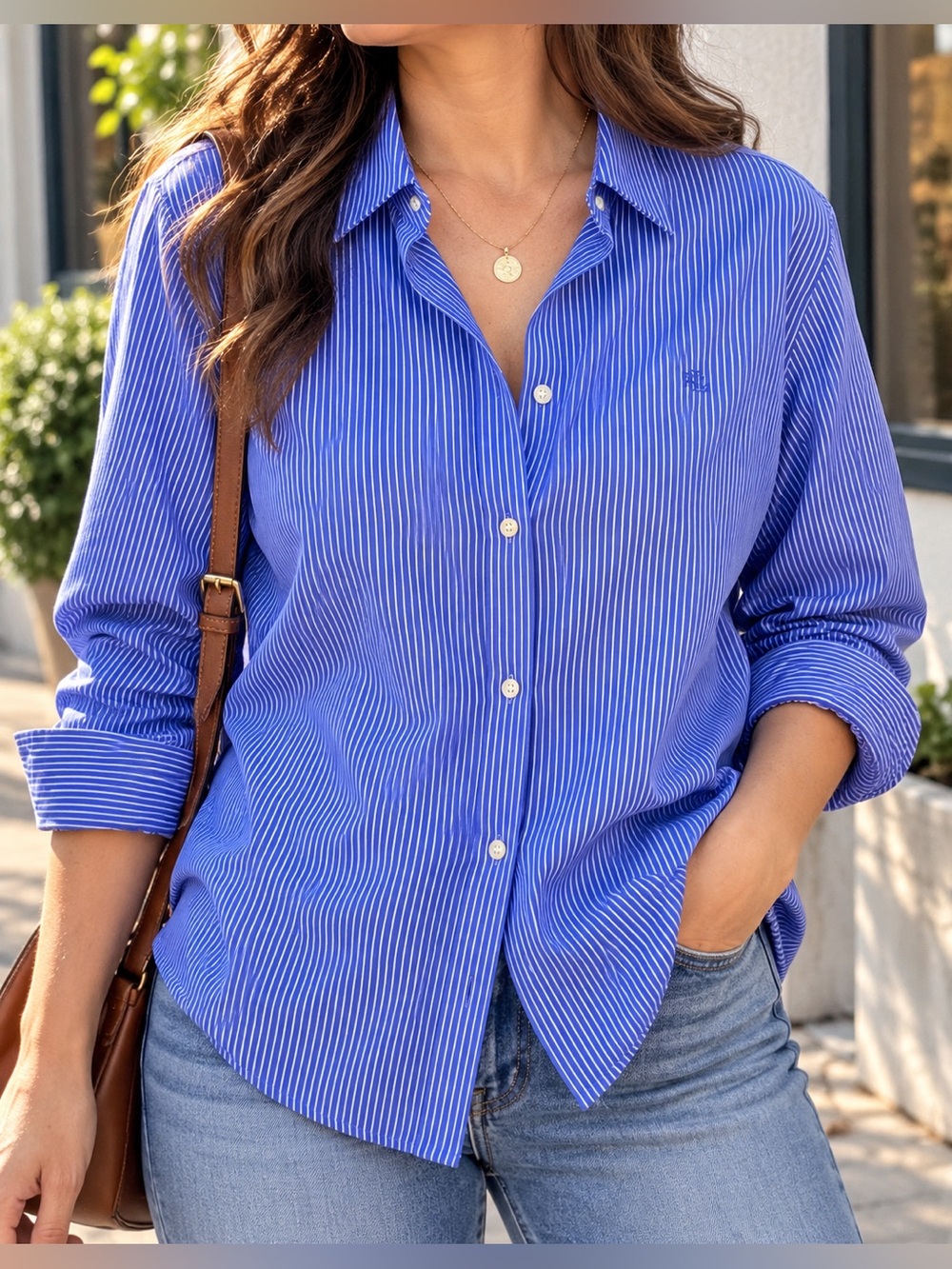 Lauren Ralph Lauren Women’s XL Blue Stripe Button Down Shirt 100% Cotton
